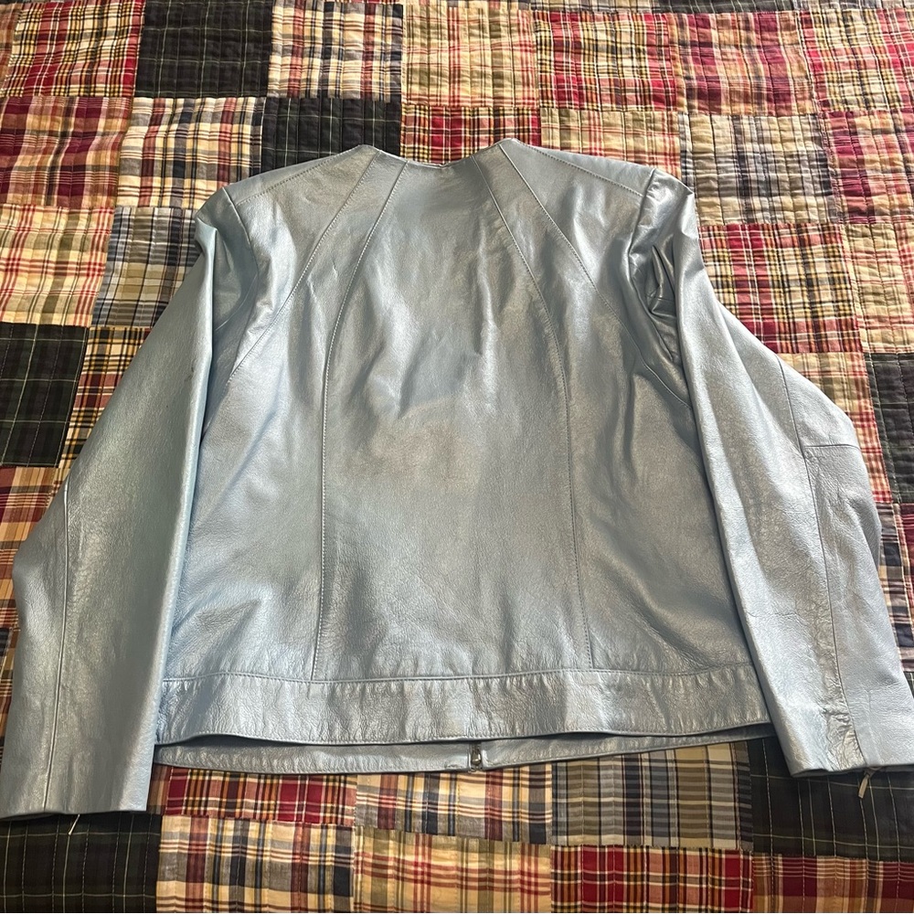 Light Pearl Blue Leather Jacket Zip  Front size Large.